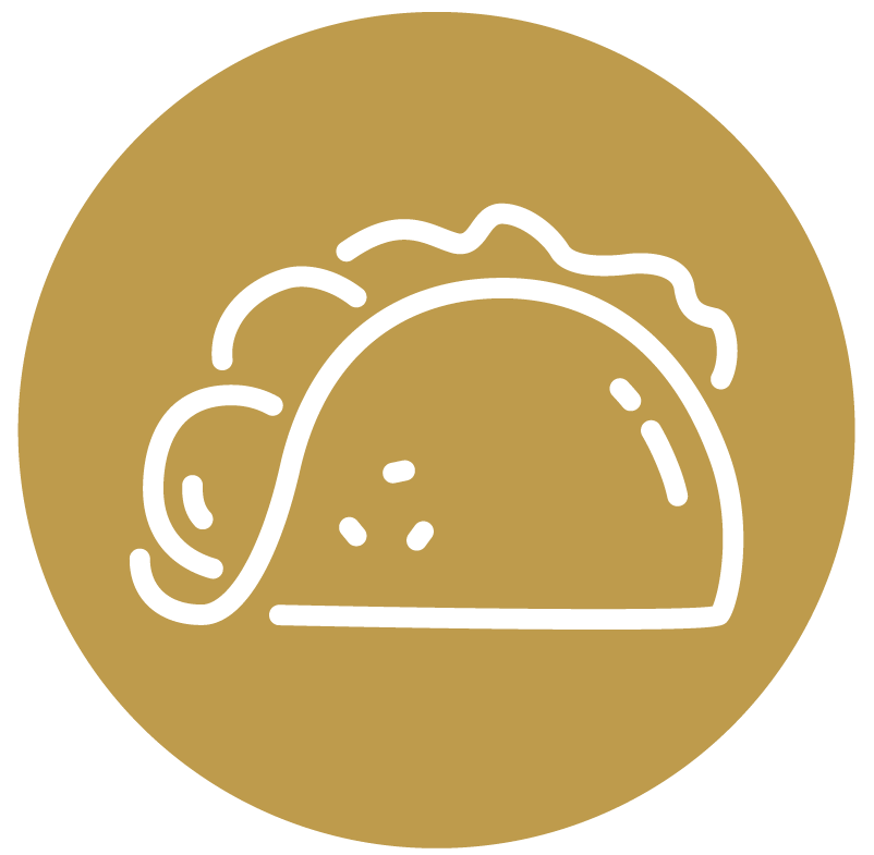 A simple white line drawing of a taco on a gold circular background.