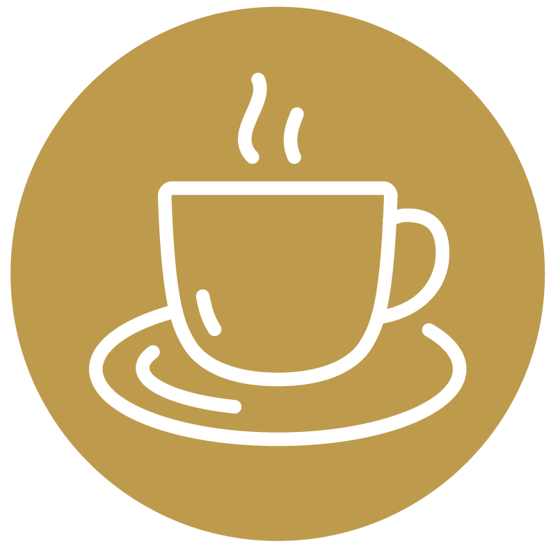 A simple line drawing of a steaming cup placed on a saucer, set against a gold circular background.