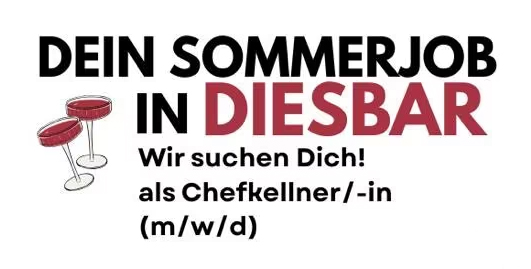 A promotional graphic for a summer job at a bar, featuring two cocktail glasses. The text reads "DEIN SOMMERJOB IN DIEBAR – Wir suchen Dich! als Chef-kellner/-in (m/w/d)."